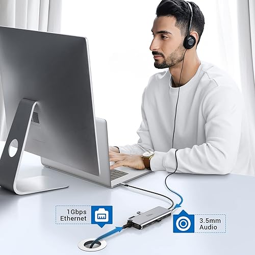 Miniatura 8 de Estación de acoplamiento USB C Monitor dual, adaptador USB C Dual Monitor 2 HDMI, pantalla triple 4K HDMI y VGA, transferencia de datos de 10 Gbps,