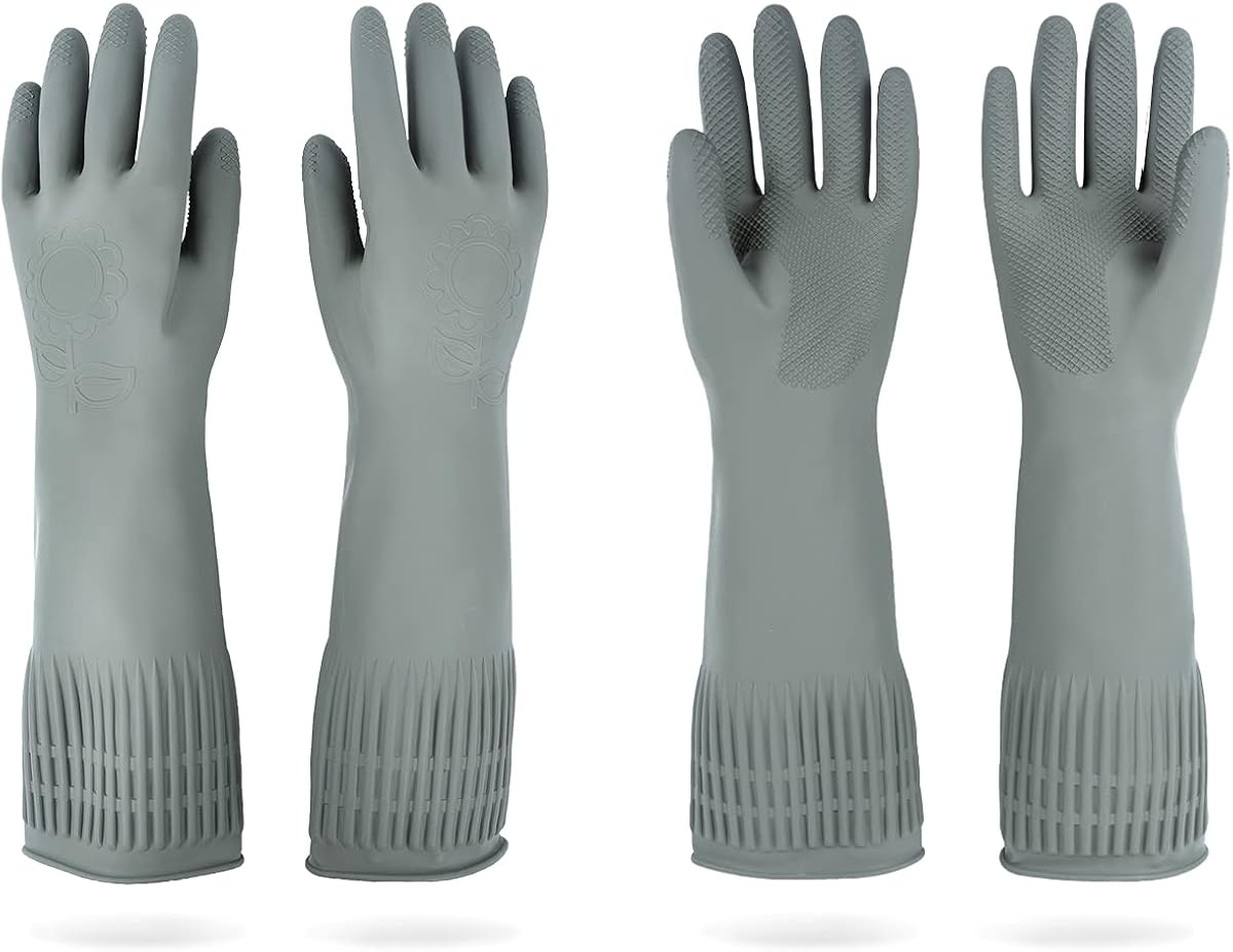 Mamison Rubber Dishwashing Gloves, Non-Slip Kitchen, Grey Medium, 2 Pairs | Korean natural latex, long cuff, thick and durable, textured non-slip grip, for dishwashing and kitchen cleaning