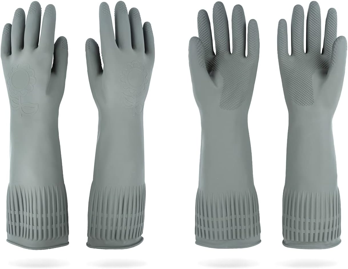 Mamison 2 Pairs Reusable Waterproof Household Dishwashing Cleaning Rubber Gloves, Non-Slip Kitchen Glove