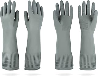 Mamison 2 Pairs Reusable Waterproof Household Dishwashing Cleaning Rubber Gloves, Non-Slip Kitchen Glove (Grey, Medium (Pack of 2))