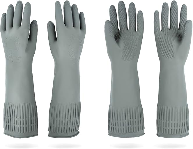 Mamison Rubber Dishwashing Gloves, Non-Slip Kitchen, Grey Medium, 2 Pairs | Korean natural latex, long cuff, thick and durable, textured non-slip grip, for dishwashing and kitchen cleaning