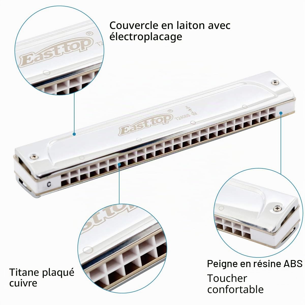 East top Harmonica trémolo professionnel en do avec 24 trous T2406S Instrument Orgue à bouche pour adultes, joueur professionnel, débutants et étudiants, comme cadeau