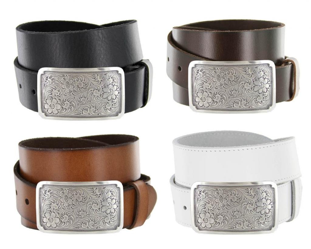 Silver Engraved Square Western Full Grain Leather Casual Jean Belt