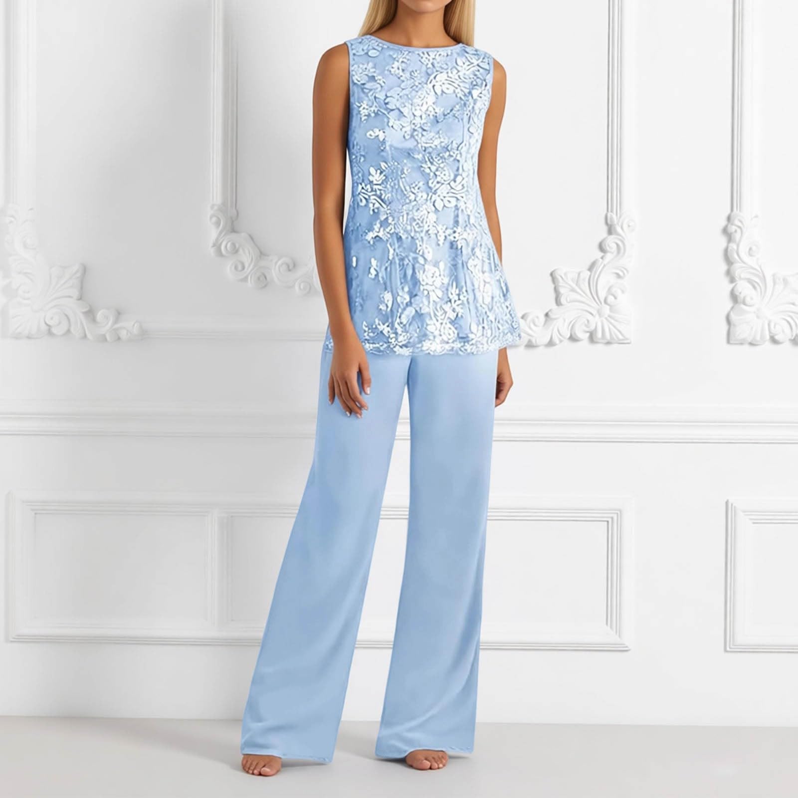 Generisch Ensemble 3 pièces pour femme - Tenue festive et décontractée - Élégant - En dentelle - Cardigan à manches longues et pantalon - En mousseline de soie - Pour mariage, cocktail, soirée