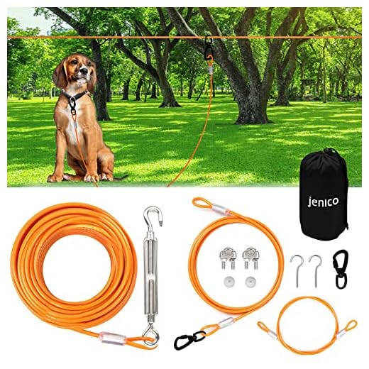 jenico Dog Tie Out Cable - 50ft Overhead Trolley System for Dogs up to 125lbs - Heavy Duty Dog Cable with 10ft Dog Runner Lead for Yard Camping,Parks,Outdoor Events…