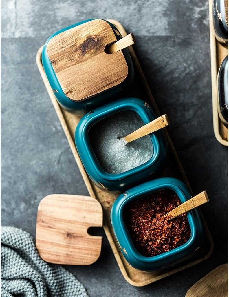 SAeWare Tarro de condimentos, contenedor de especias de cerámica con cuchara y tapa de bambú, azucarero, olla para condimentos, encimera de cocina para el hogar, color verde