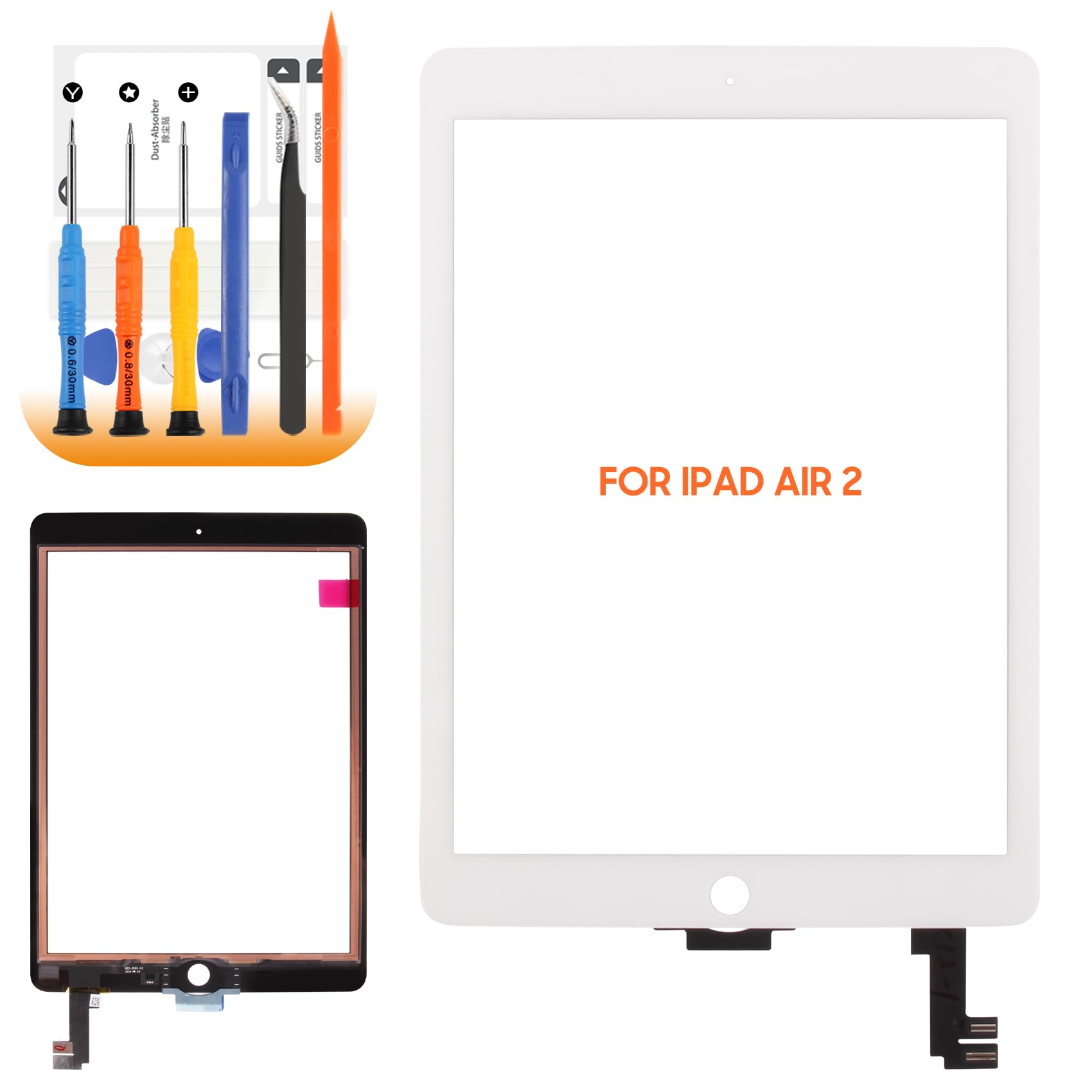 Schermo touch screen per iPad Air 2 di ricambio per iPad Air 2 generazione A1566 A1567 9,7 pollici Digitalizzatore Vetro Pannello con Riparazione Senza Display LCD (Bianco)