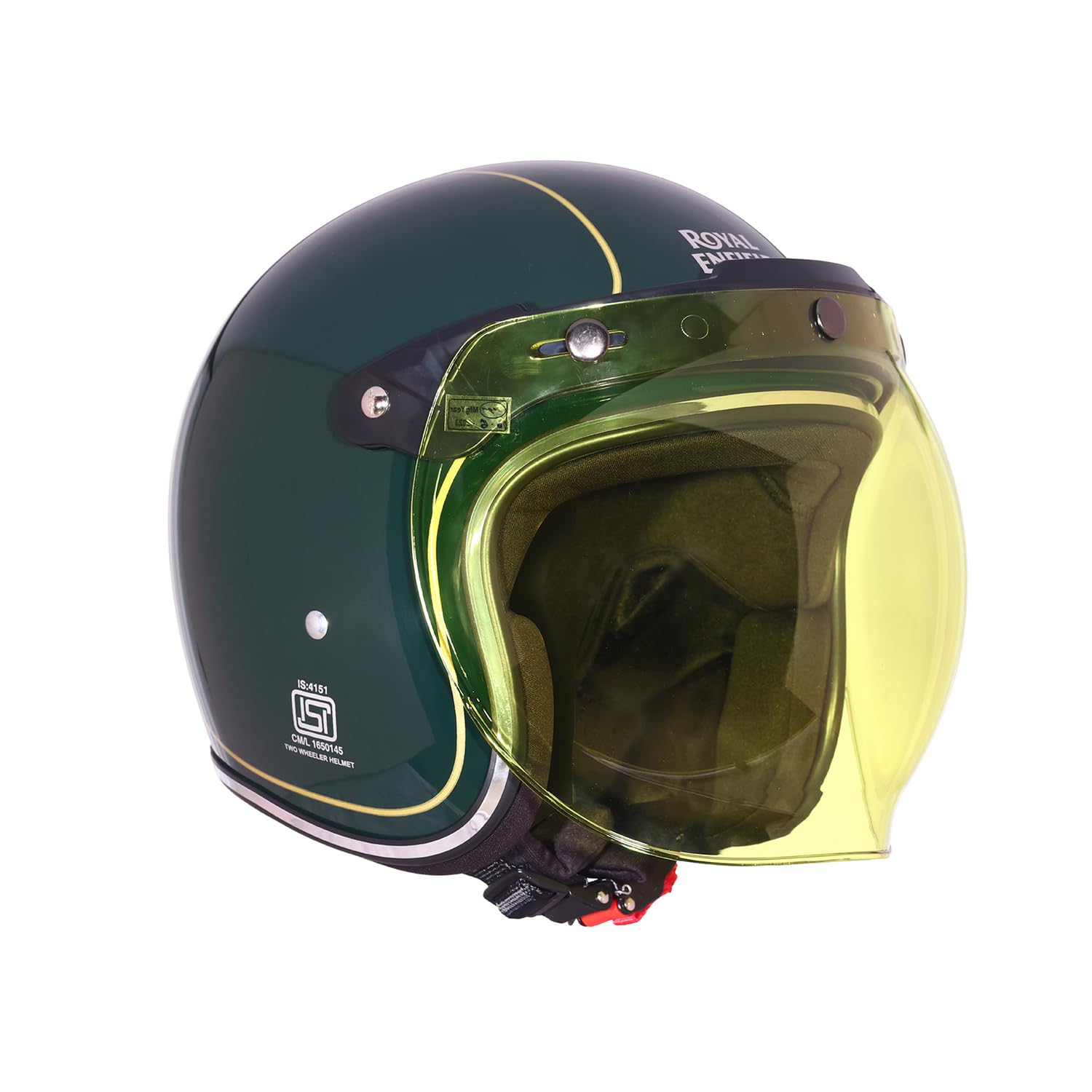 Royal Enfield Bobber of Cell Open Face Helmet | Bubble Visor & Metal Beading | High-Impact ABS Shell | Certification: ISI & DOT | UV Treated Scratch Resistant Visor | Micrometric Buckle | Olive XL-image-43