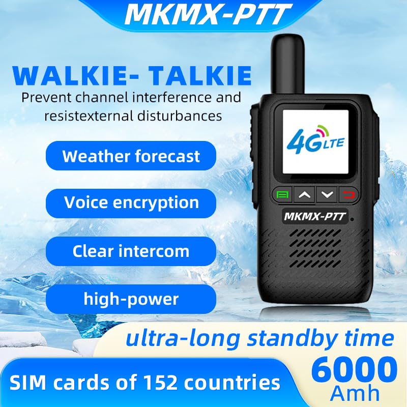 MKMX-PTT Walkie Talkie 4G LTE Szyfrowanie Głosu 6000mAh Kompatybilny z Kartami SIM 152 Krajów Prognoza Pogody Wysokiej Jakości Dźwięk Czarny (1)