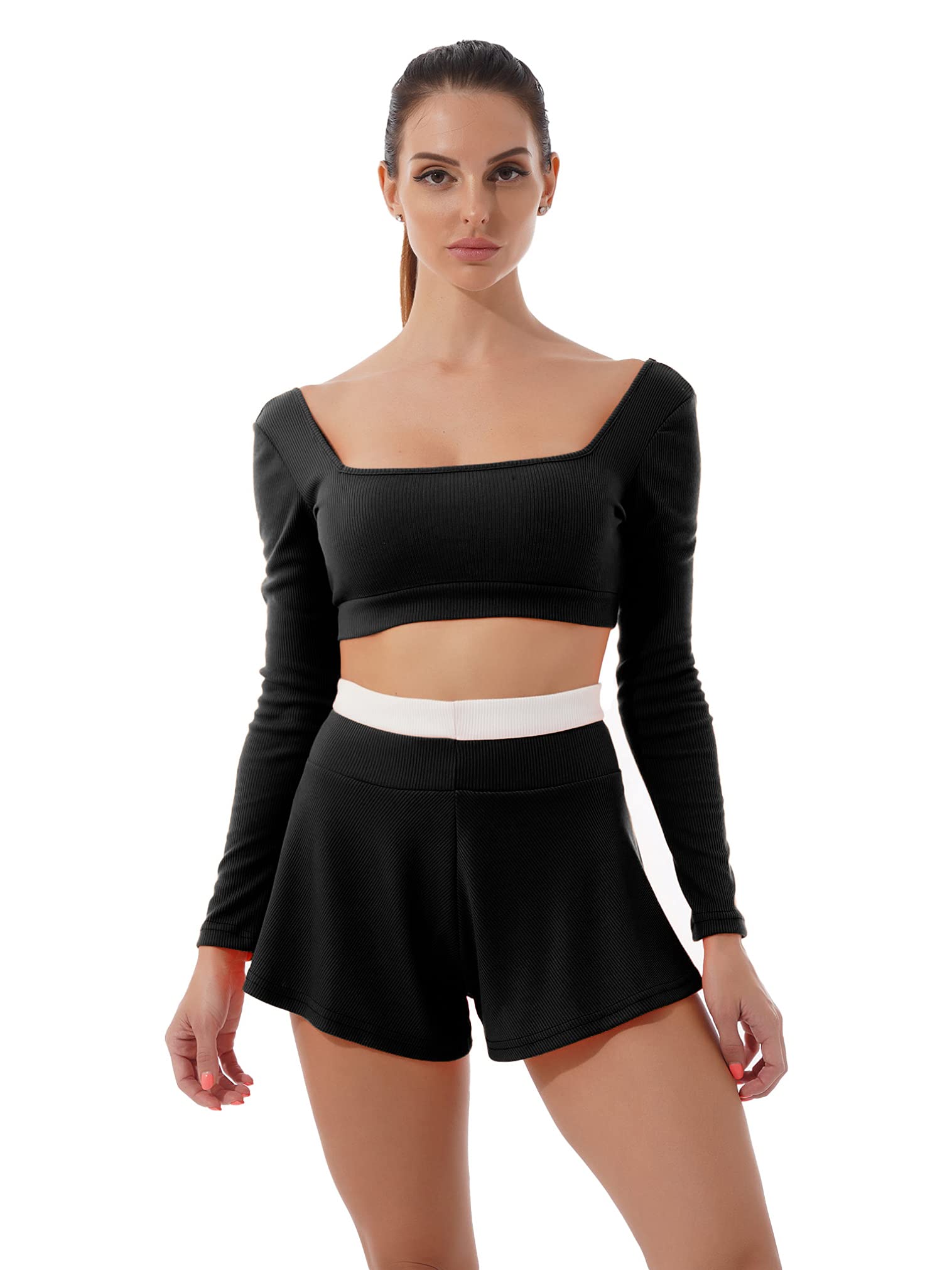 FEESHOW Womens Square Neck Long Sleeve Crop Tops High Waist Culottes Shorts Yoga Outfits 2 Piece Tracksuit Sets