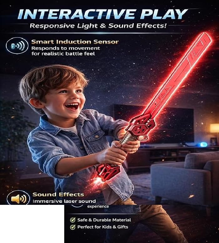 Image of Braintastic Kids Laser Sword Toy with 14 Color Changing Lights & Sound Effects | Motion Sensor Induction Toy Sword | Role Play Action Toy for Boys & Girls | Large Size 61.5 cm | Gift for Kids Age 6+