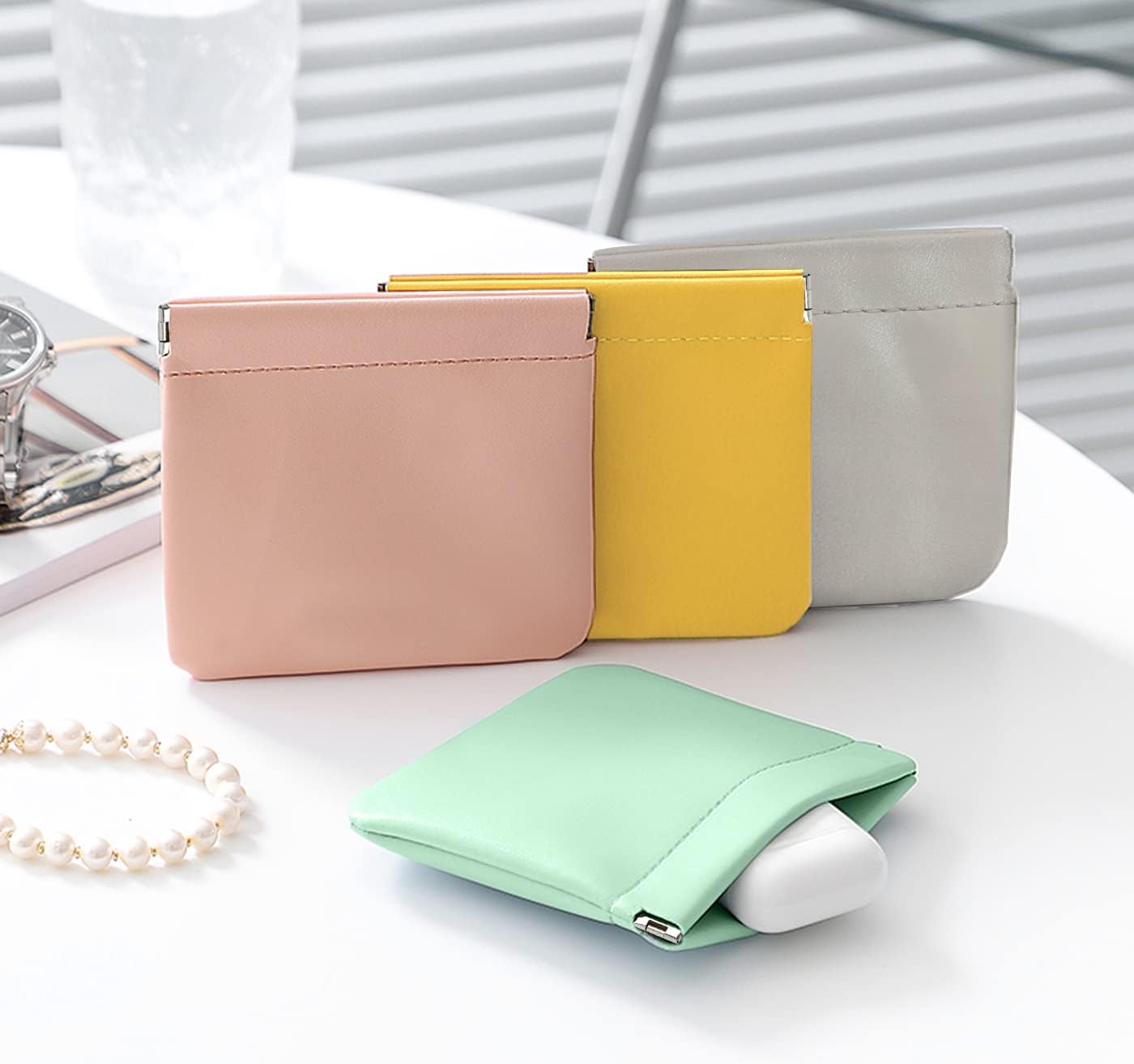 4Pcs Pouchic - Personalized Snap Closure Leather Organizer Pouch, Pocket Cosmetic Bag Squeeze Top, Portable No Zipper Self-Closing Makeup Bag, Mini Waterproof Small Travel Pouch