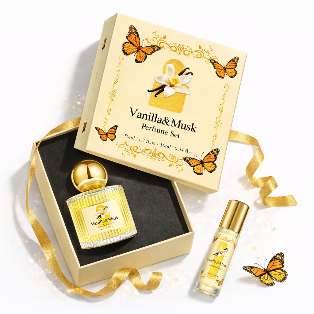 Vanilla Musk Perfume Gift Set for Women, 1.7 fl oz Eau de Parfum Spray + 0.34 fl oz Roll On Perfume Oil, Long Lasting Sweet Warm Vanilla Perfume Set, Travel Friendly Gourmand Perfume for Women