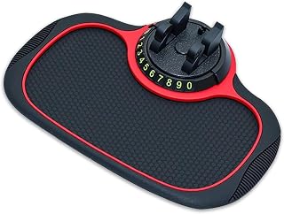 1 PC Anti-Slip Mat with Parking Number Plate, Multifunction Phone Holder and Extra Large Pad, Dashboard GPS Keychain Sunglasses Pad, Universal for Most Cars, Trucks, SUVs (Black & Red)