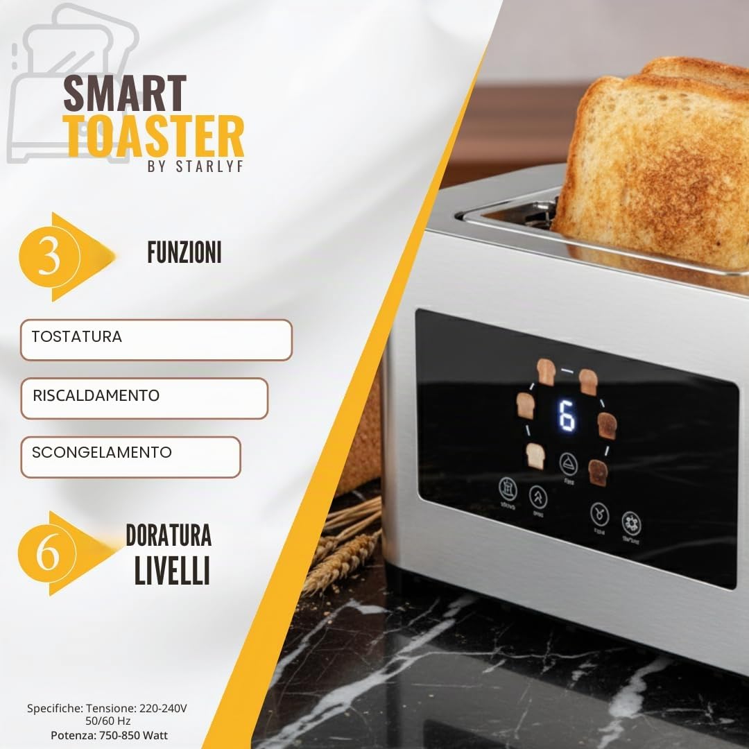 STARLYF Smart Toaster – Tostapane 2 Fette con Touch Screen LED – Slot Extra Large per Pane Spesso e Toast – 6 Livelli di Doratura – Funzioni Scongelamento, Riscaldamento e Stop – Acciaio Inossidabile