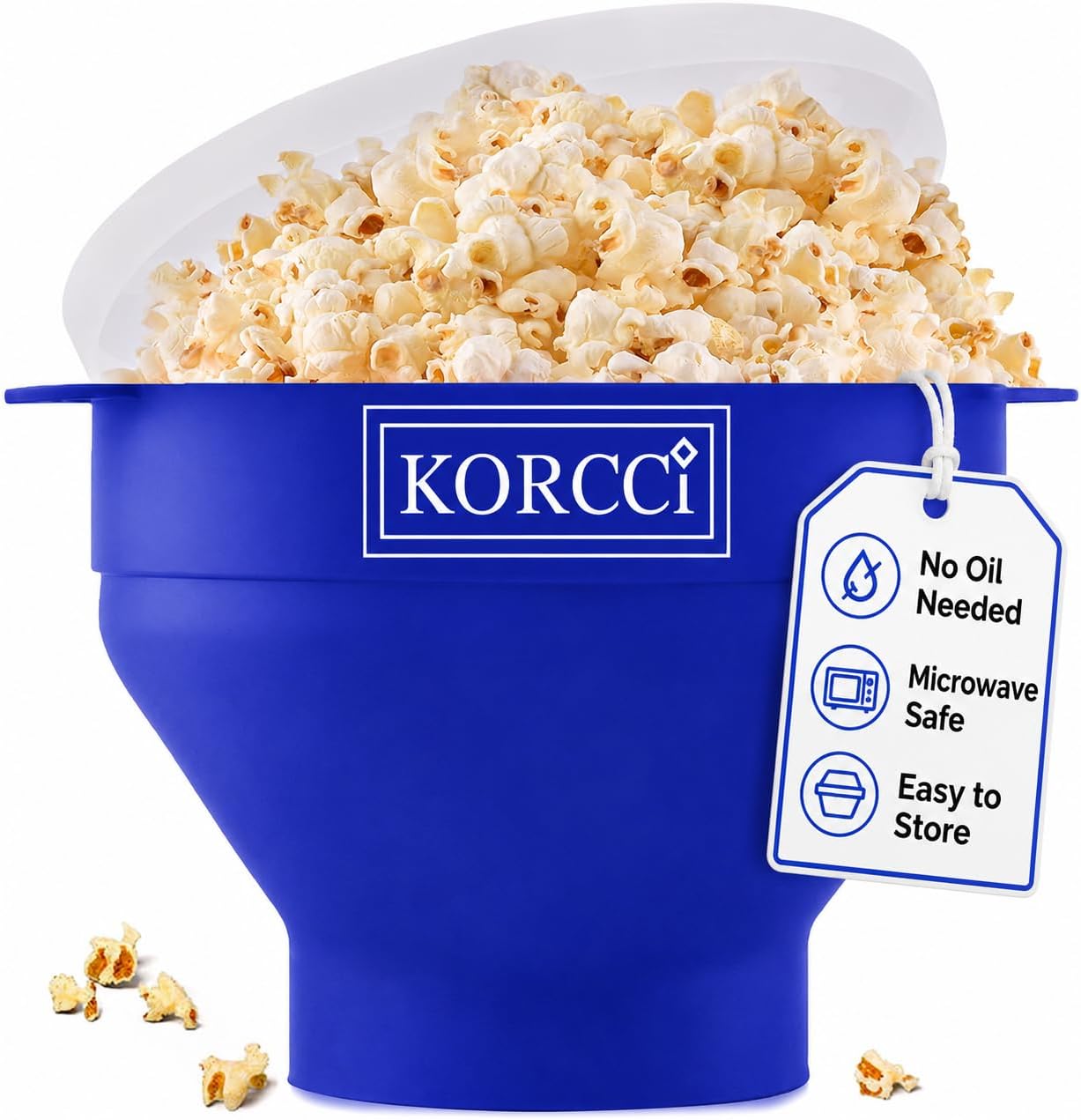 The Original Korcci Microwaveable Silicone Popcorn Popper, Microwave Popcorn Popper, Collapsible Microwave Popcorn Maker Bowl, No Oil Required, Use In Microwave, Dishwasher Safe (Blue)