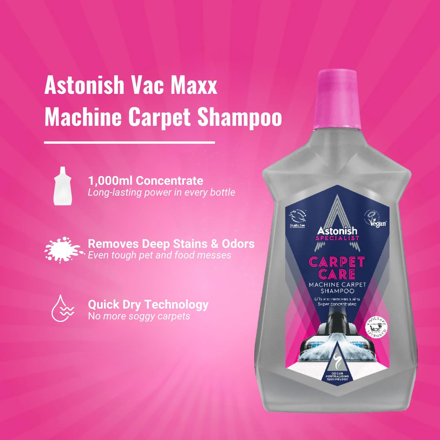 Astonish Specialist Machine Carpet Cleaner 1000ml Solution – Deep Odor Lifting Shampoo for Wool & Synthetic Rugs – Stain Remover Concentrate for Major Cleaning Units, Fresh Scent