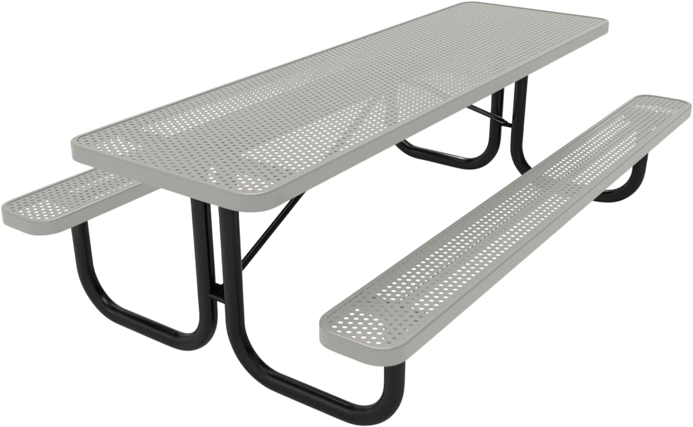 COATEDOUTDOORFURNITURE Heavy-Duty Portable Outdoor Picnic Table, Thermoplastic Coated Punched Steel Commercial-Grade Patio Dining Furniture Made in America (8ft Rectangular, Textured Grey)
