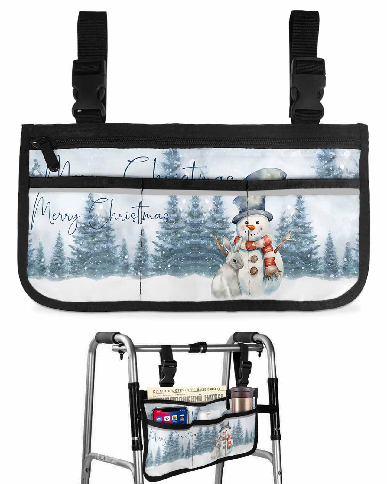 Anzona Christmas Snowman Wheelchair Side Bag Walker Bag, Winter Xmas Trees Bunny Snowfall Wheelchair Accessories Armrest Pouch, Organizer Storage Bag for Walkers, Rollators, Scooters, 7.3''x13''