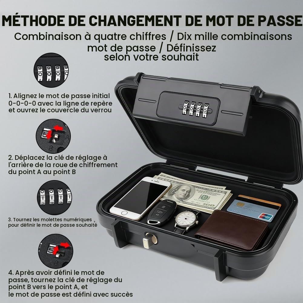 Coffre-fort portable, mini coffre-fort, code numérique à 4 chiffres, boîte de sécurité, avec câble de 6 mm amovible, coffre-fort de sécurité pour l'extérieur, coffre-fort de sécurité, coffre-fort de