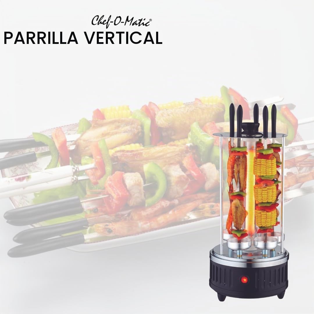 Parrilla vertical sin aceite ni grasa, 1000w, 6 brochetas, Parrilla de Doner, Rotación automática 360º, fácil de limpiar, Barbacoa, Horno eléctrico para brochetas a la parrilla, Kebab