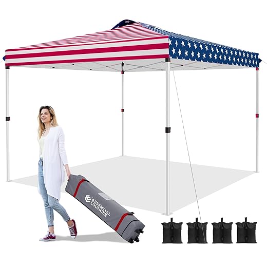ESSENTIAL LOUNGER 10x10ft Pop-up Canopy,Easy Up Outdoor Canopy Tent for Patio,4 Sand Bags,Waterproof Outdoor Canopy with Roller Bag,3 Adjustable Height Tent with Air Vent for Parties (American Flag)