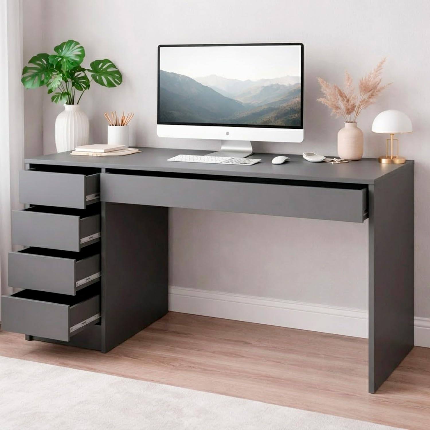 Bricozone Scrivania Moderna 120 Cm Con 4 Cassetti E Cassettone Centrale Design Senza Maniglie Montaggio Reversibile Per Ufficio Studio E Smart Working Struttura Resistente 120x75x55 Cm (Antracite)