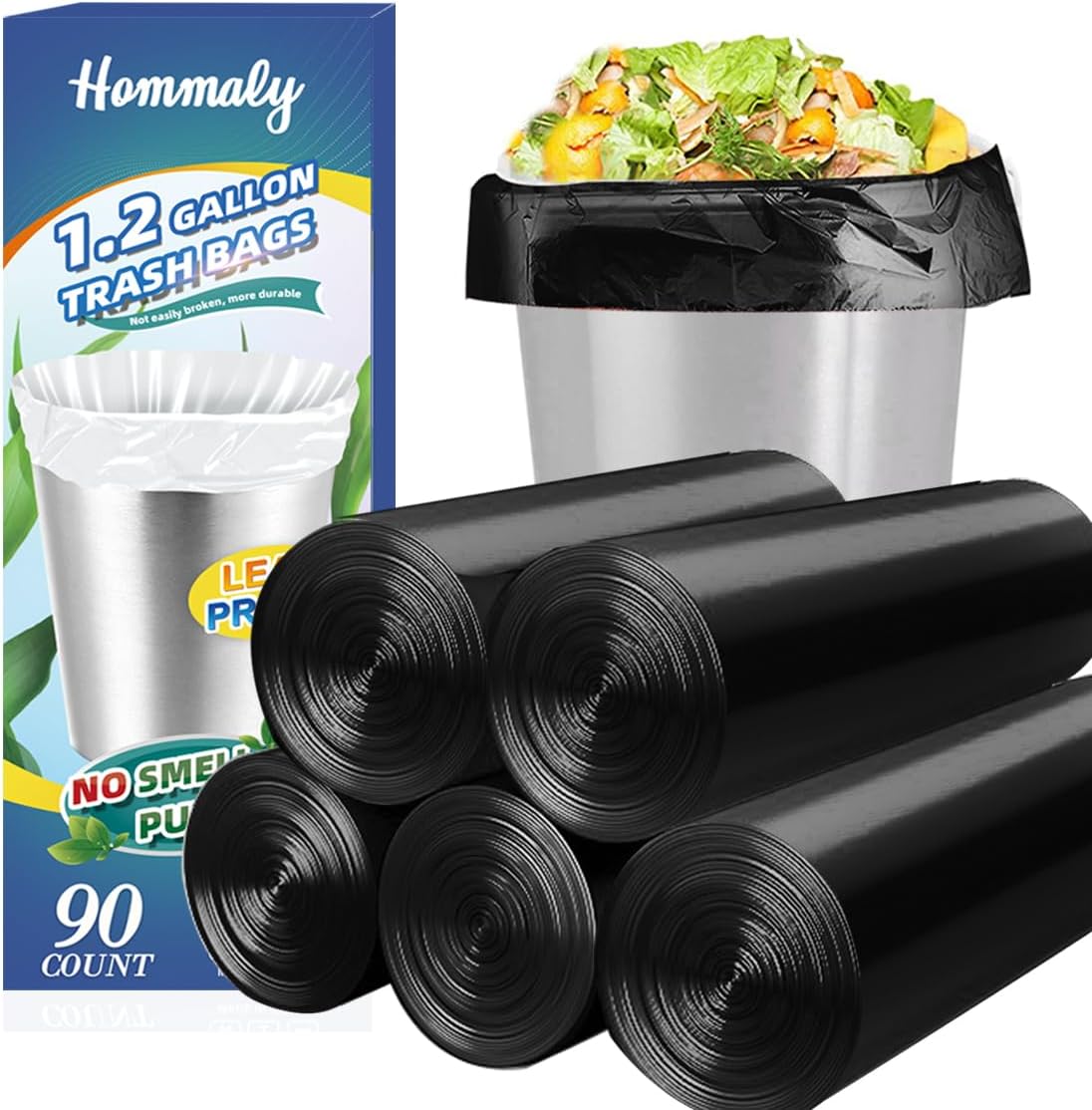 Hommaly 1 Gallon (1-1.2 Gal)90 pcs Small Black Trash Bags, Strong Garbage Bags, Bathroom Trash Can Bin Liners, Mini Plastic Bags for Office, Waste Basket Liner,Fit 3,4.5,6 Liters,0.5-1.2 Gal-Black