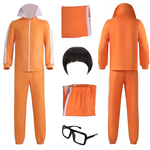 Adult Men Orange Tracksuit Uniform Sports Suit Zipper Jacket Top Sportswear with Glasses Wig - X-Small - Style1