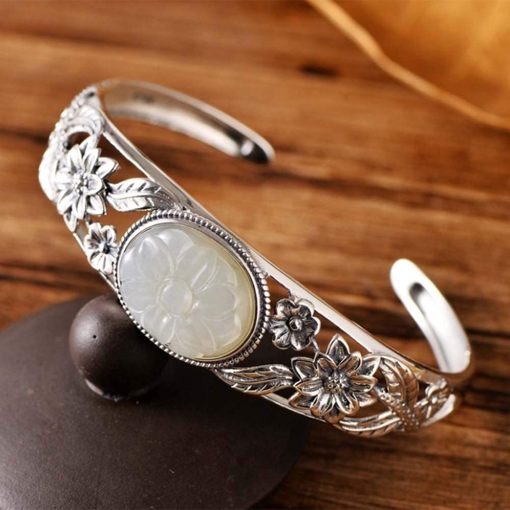 Bracciale Personalizzato ， Bracciale Rigido Aperto da Donna in Giada Bianca con intarsio Etnico Vintage in Argento Sterling 925