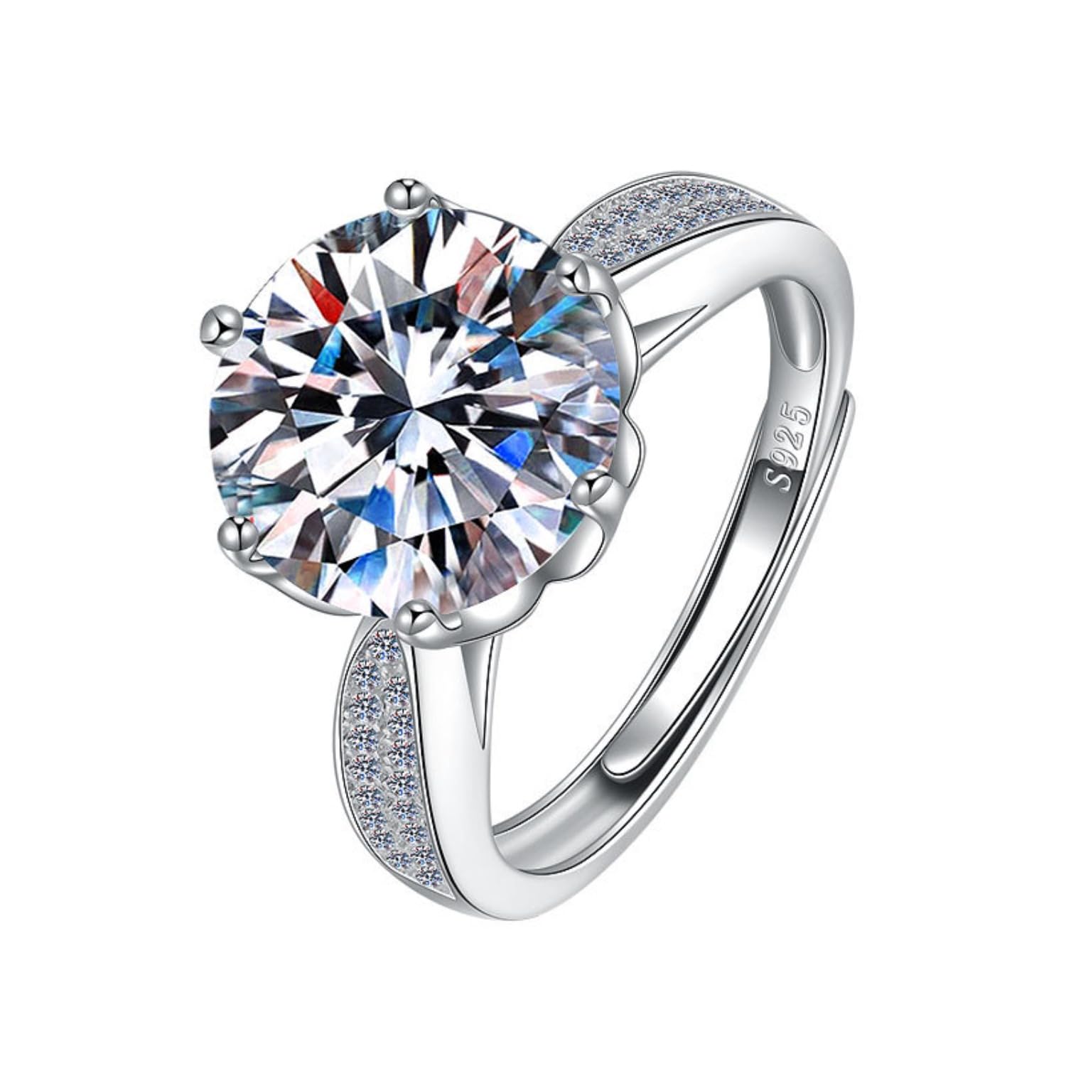 Anillo de compromiso moissanita ajustable 5 quilates for mujer, color D, VVS1, plata ley 925, diamante