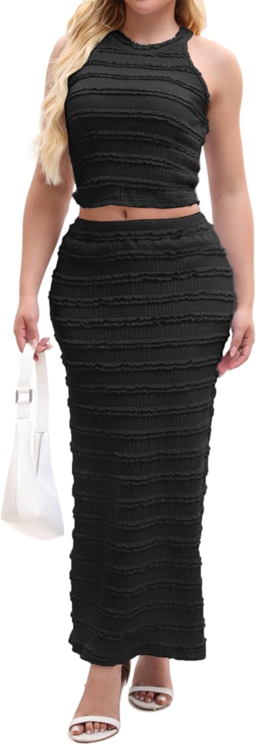 Women’s 2 Piece Summer Outfits Ribbed Knit Crop Top and Bodycon Maxi Skirt Set Sexy Casual Matching Set - Image 7