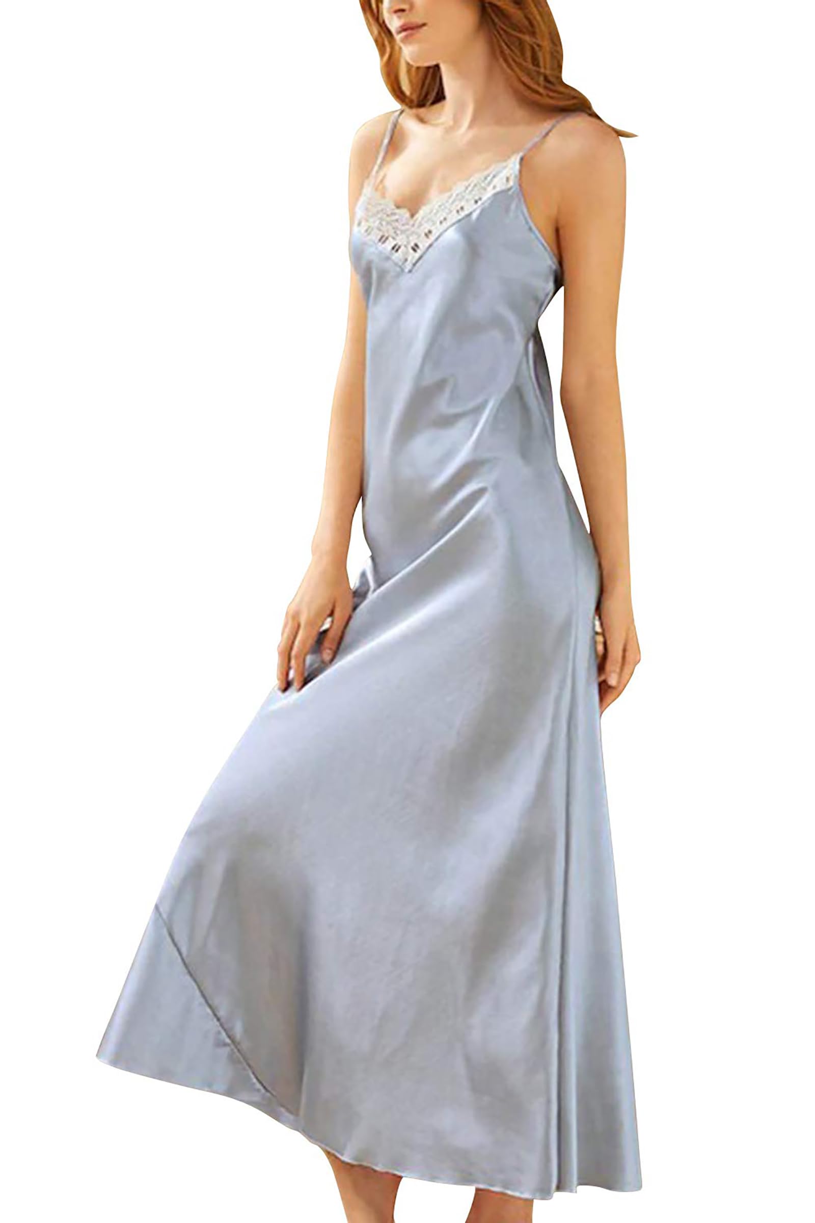 ASHER FASHION Satin Nightgowns for Women Long Silk Nightdress Vintage Lace Chemise Maxi Sleepwear