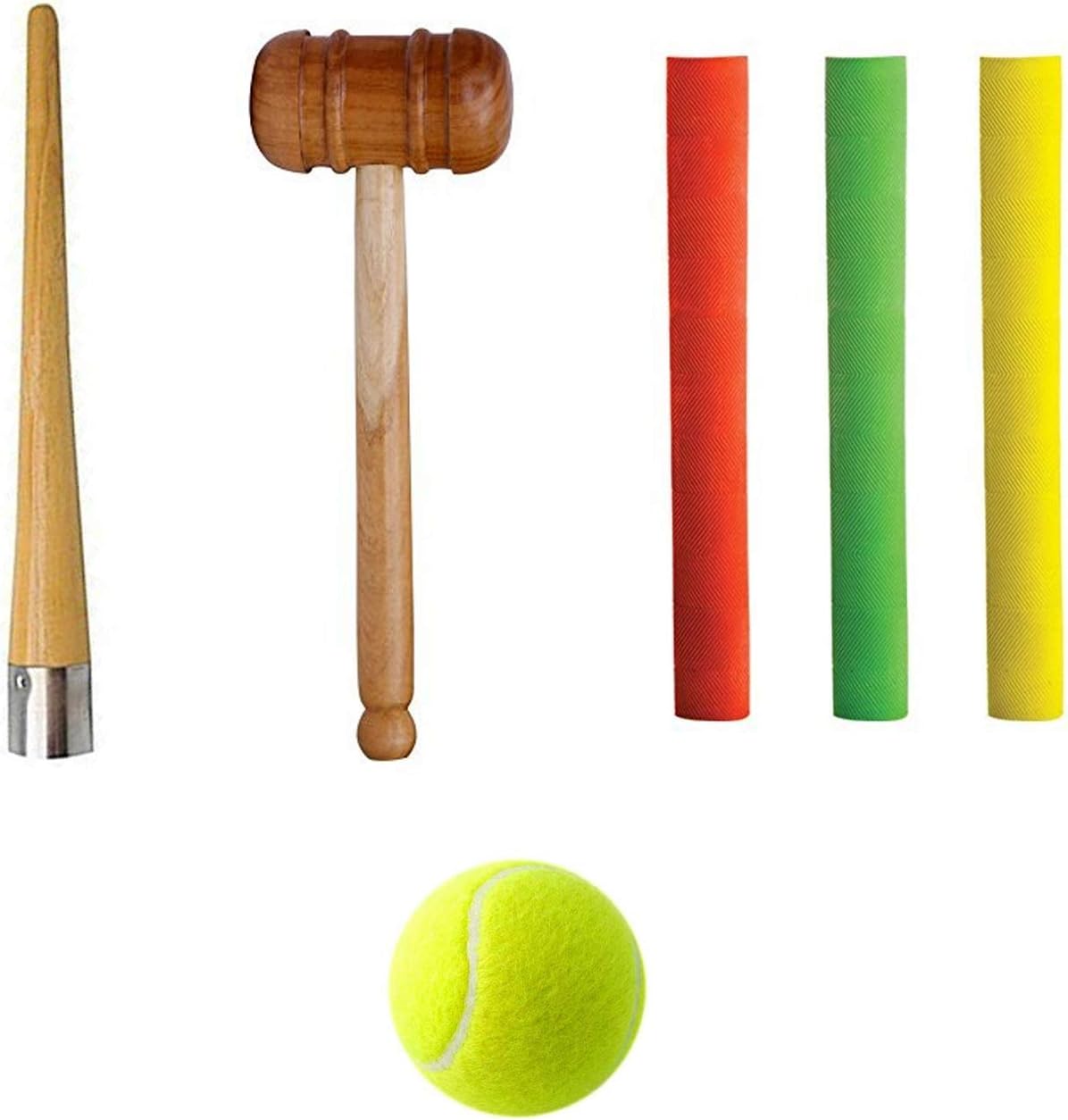 Foricx Sports Cricket Combo - Cricket Bat Wooden Mallet Hammer for Knocking to Improve Bat | Three Bat Grip and One Cone Set (Gripp Color and Design May Vary) and Also One Free Tennis Ball in Every Purchase