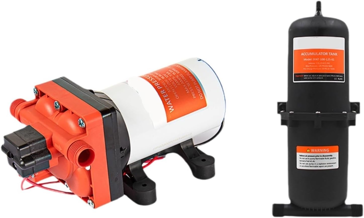 SF-42 Long 12V 24V RV Water Pump 18.9L/min Diaphragm Pump 55PSI Stop Pressure DC Self Priming Pump with 1L Pressure Tank(12VDC-Pressure-Tank)