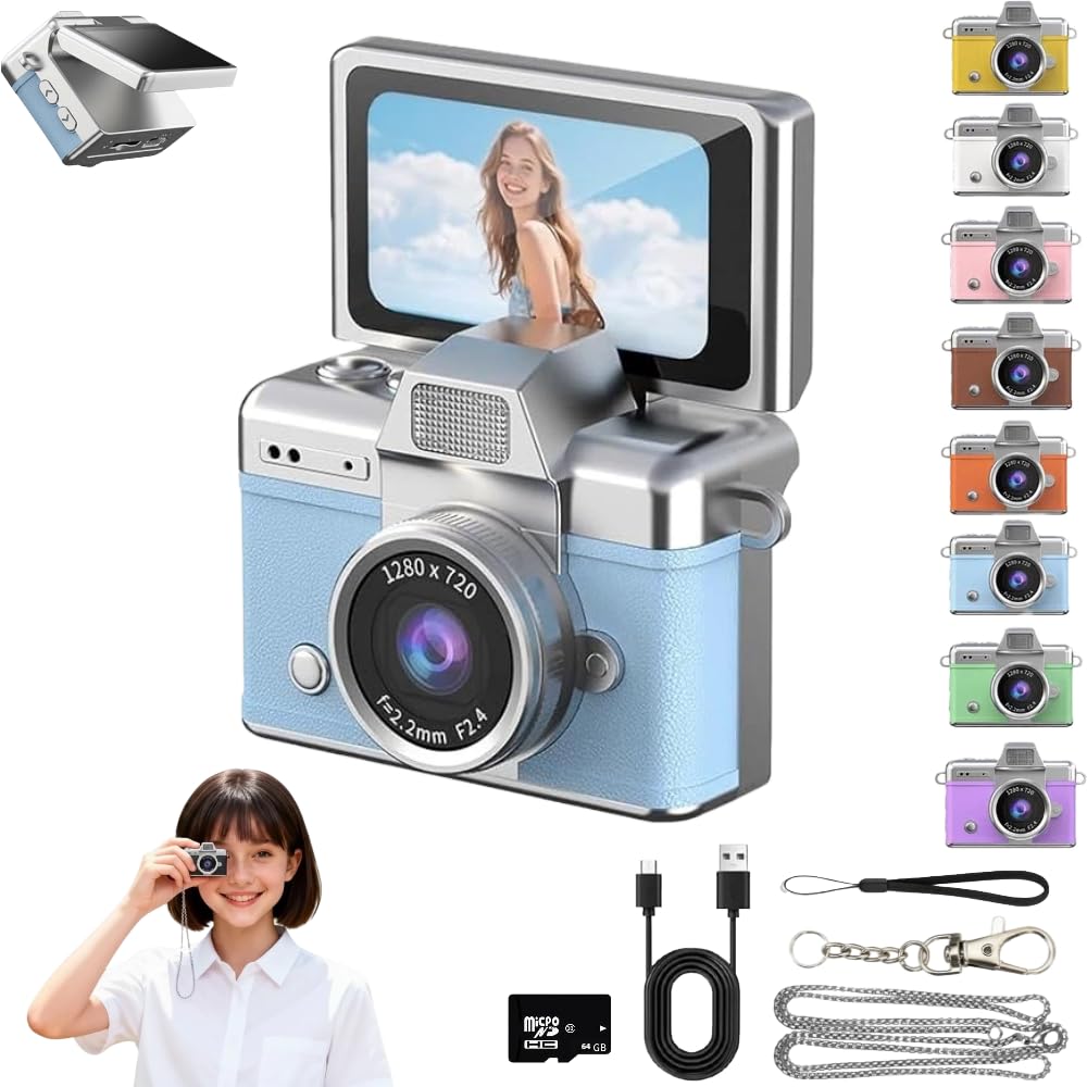 Mini portachiavi con fotocamera digitale retrò, mini videocamera digitale piccola bodycam 1080p registrazione FHD con schermo IPS da 0,96 pollici con 6 filtri retrò, formato AVI, ideale per