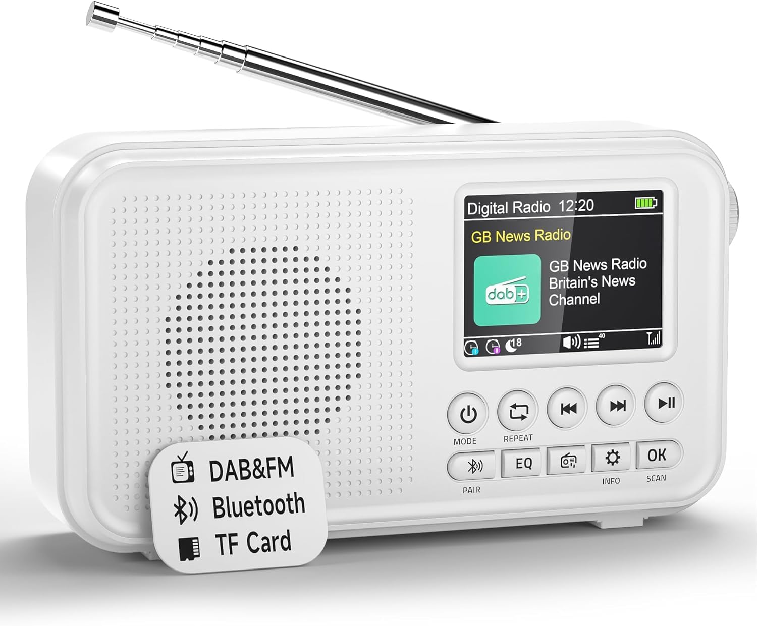 Roxicosly Radio portatile DAB/DAB+, 80 preimpostazioni, radio digitale FM con batteria da 3000 mAh, radio da cucina con Bluetooth 5.0, modalità EQ, timer, snooze, porta AUX TF/3,5 mm, doppio allarme