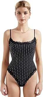 Women Square Neck Lace Bodysuit Sleeveless Spaghetti Strap Tank Top