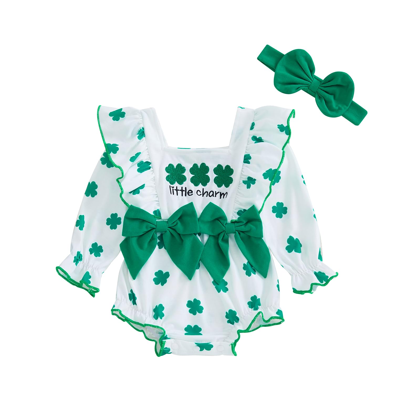 Dcohmch Baby Girls St Patricks Day Outfit Shamrock Print Bow Ruffles Long Sleeve Romper Cute Headband Newborn Clothes