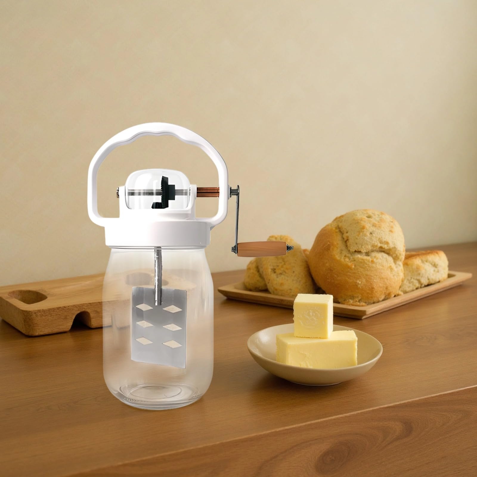 50,7 fl oz / 1500 ml Butterfass aus Glas, Handkurbel-Butterbereiter mit Holzgriff, manuelles Butterfass-Set mit stabilem Sockel, leicht zu bewegendes Gerät für selbstgemachte Butter