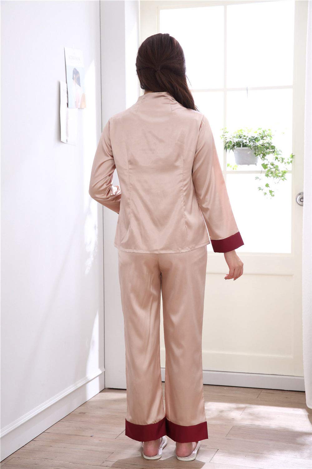 YUHOOE Pijamas De Mujer,Conjunto De Pijama De Satén con Bordado Floral De Estilo Chino,Ropa De Dormir De Manga Larga,Pijama Cómodo Y Sedoso,Ropa De Dormir para Damas,Caqui,L