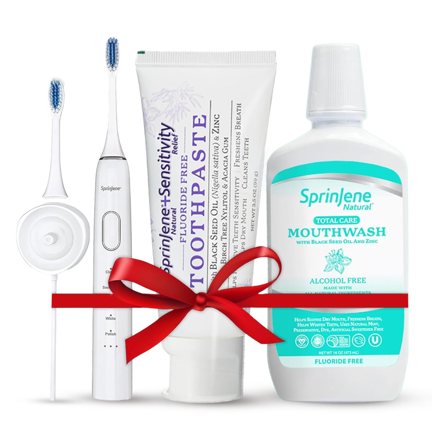SprinJene Natural Sensitivity Relief Fluoride Free Toothpaste for Sensitive Teeth Gum 4 Pack Fluoride Free Mouthwash Electric Toothbrush