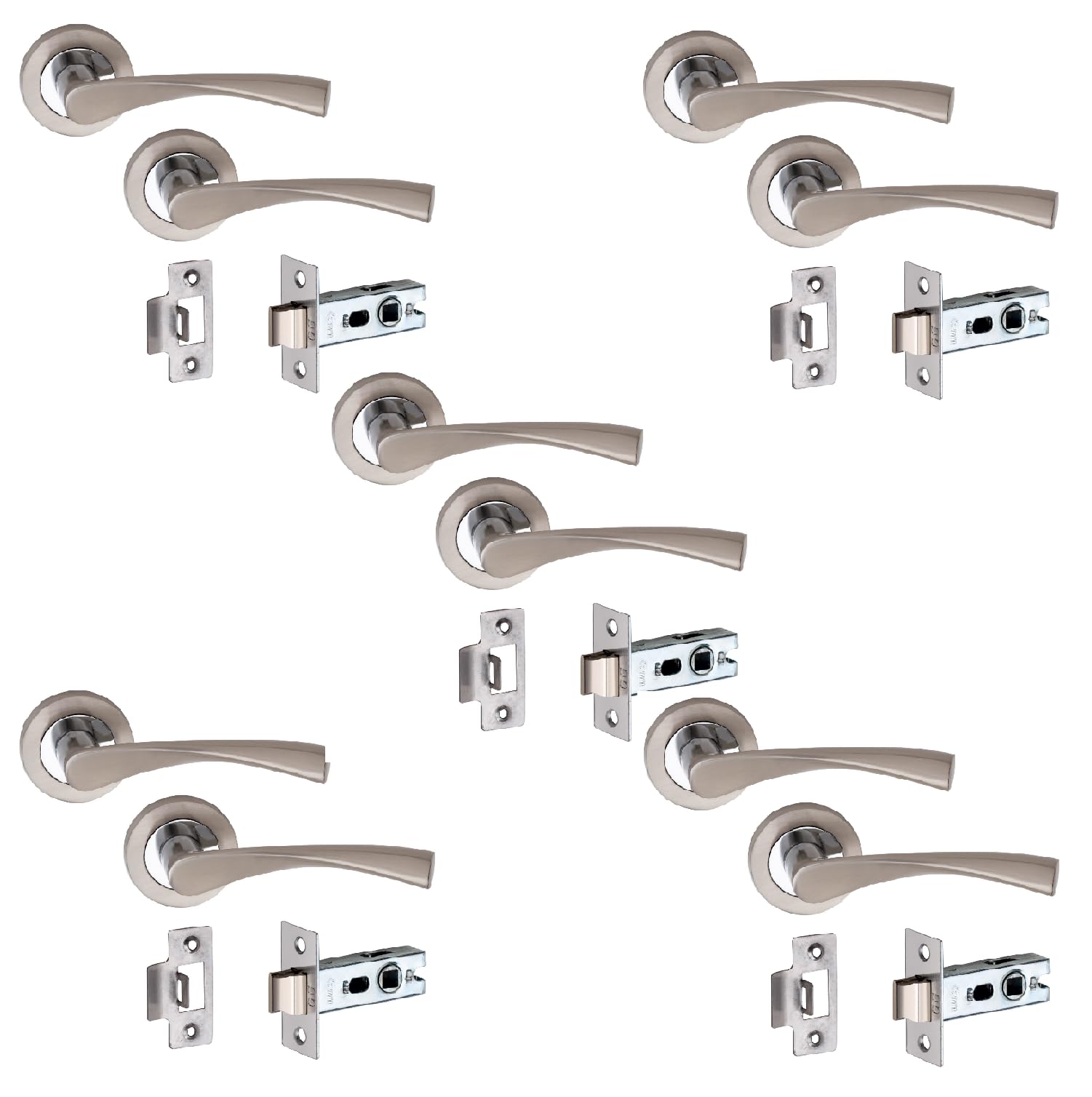 Golden Grace Astrid Design Door Handles on Round Rose in Duo Chrome Finish with 2.5" Tubular Latch, 5 Pairs - 52mm Diameter