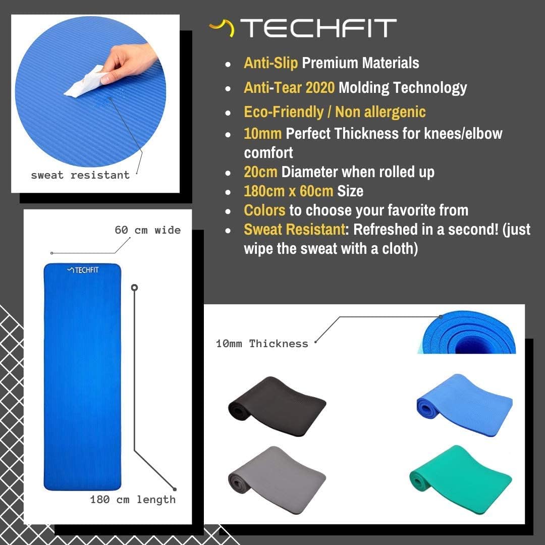TechFit Fitness Tappetino Yoga Professionale - Ideale per Palestra in Casa, Esercizi del Pavimento, Campeggio, Stretching, Pilates 10 e 15 mm
