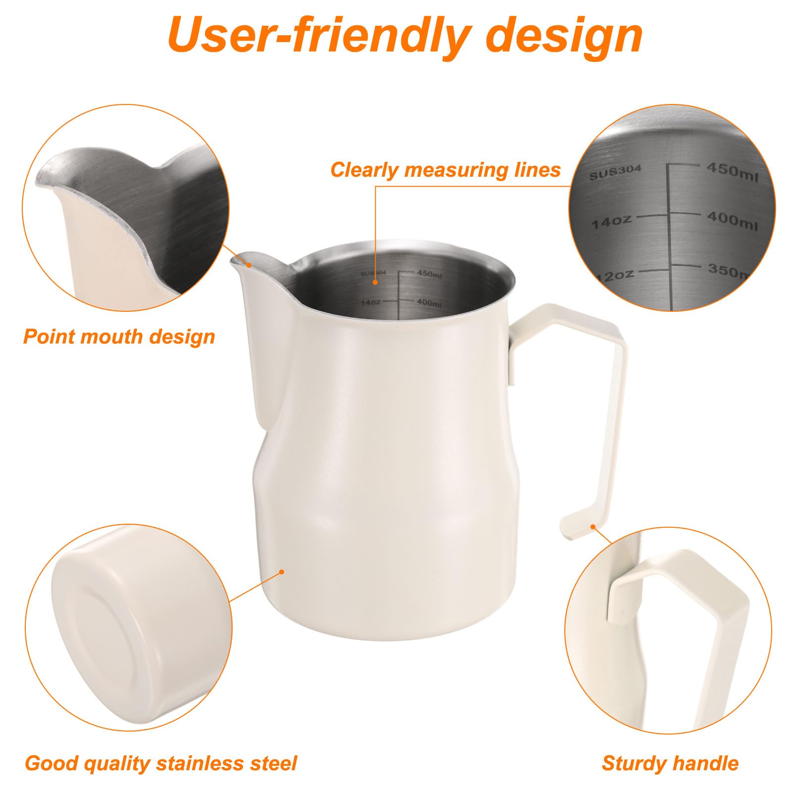 sourcing map Jarra espumadora de leche, de acero inoxidable de 17 onzas / 500 ml, con escala, para jarra de vapor de leche, accesorios de café con leche, capuchino, café, espresso, color beige