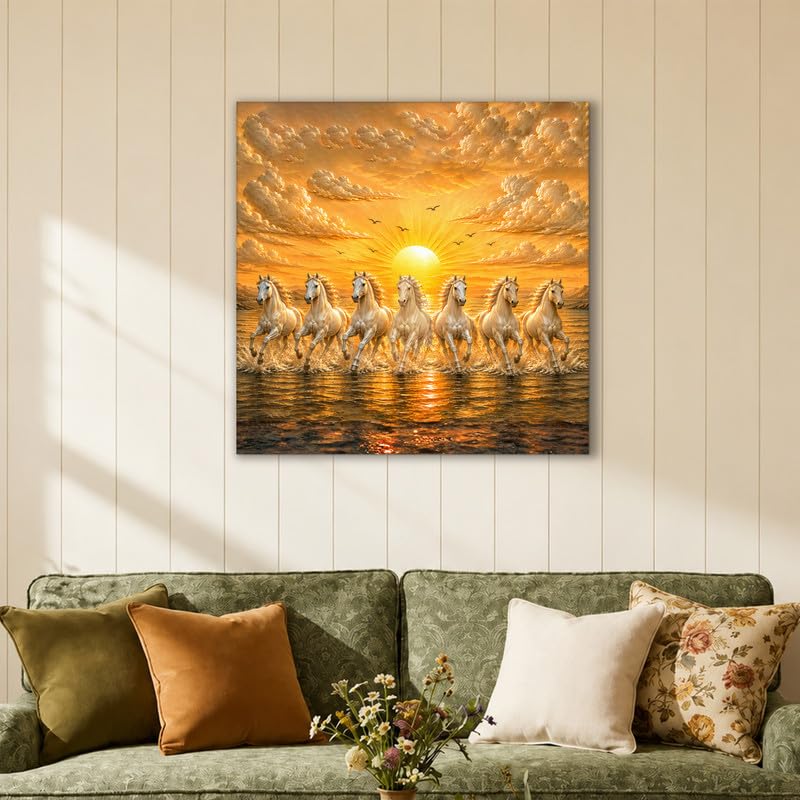 Image of PAINTINGMANTRA 7 White Running Horses Canvas Wall Art Painting For Living Room|Seven Running Horses Vastu Stretched Canvas Painting For Bed Room, Home & Office, 22x22 Inch