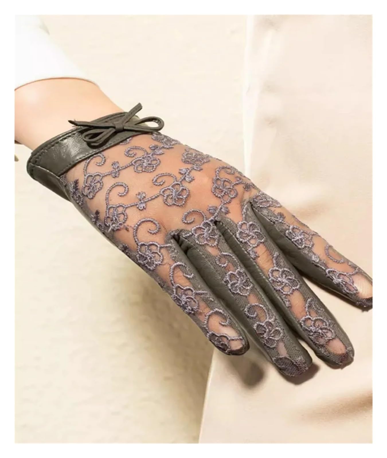 Women Breathable Patchwork Flower Lace Genuine Leather Gloves
