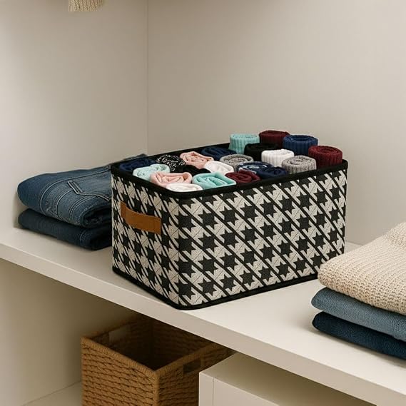 Deconox Shelf Organizer, Foldable Clothing Organizer, Steel Backed Houndstooth Pattern Fabric Multi-Purpose Storage Box, In-Cabinet Drawer Organizer, Gray (45x25x20cm)