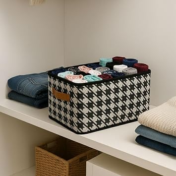 Deconox Shelf Organizer, Foldable Clothing Organizer, Steel Backed Houndstooth Pattern Fabric Multi-Purpose Storage Box, In-Cabinet Drawer Organizer, Gray (45x25x20cm)