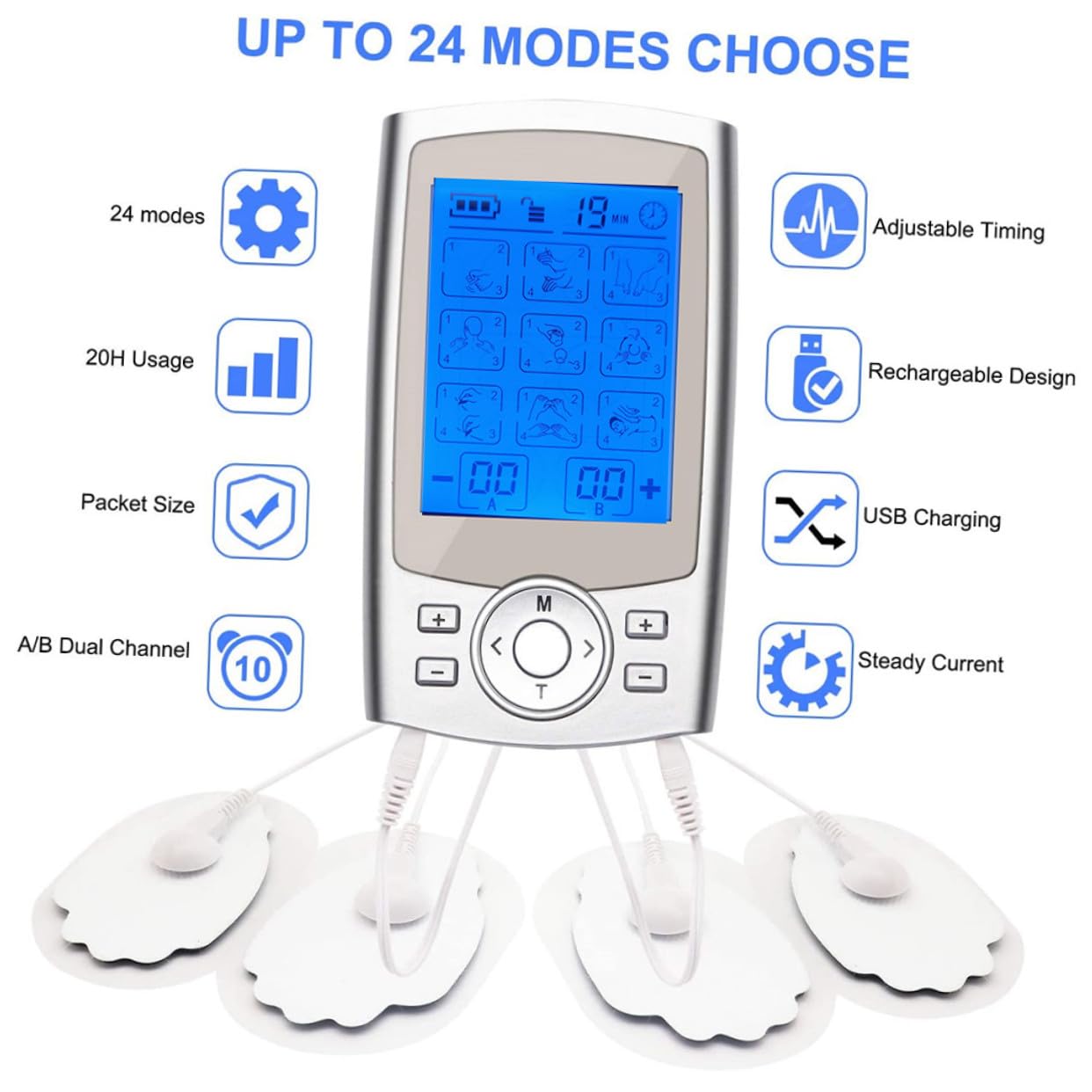 Yardwe Dispositivo de Electromasaje, Máquina de Masaje Muscular con 36 Funciones y 8 Parches de Masaje, Color Plata
